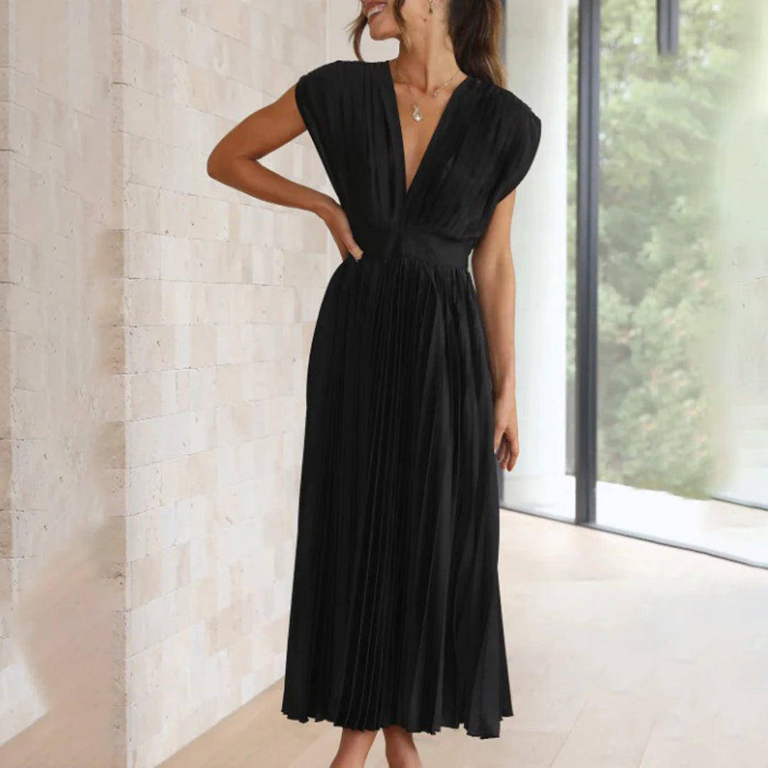 Alexis | Midi Wedding Guest Dress with V-Neck and Pleated Skirt