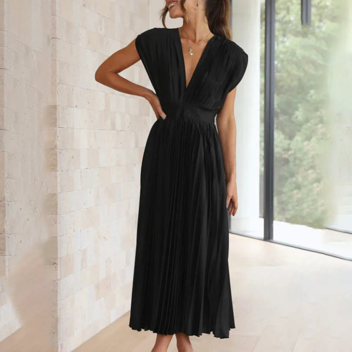 Alexis | Midi Wedding Guest Dress with V-Neck and Pleated Skirt