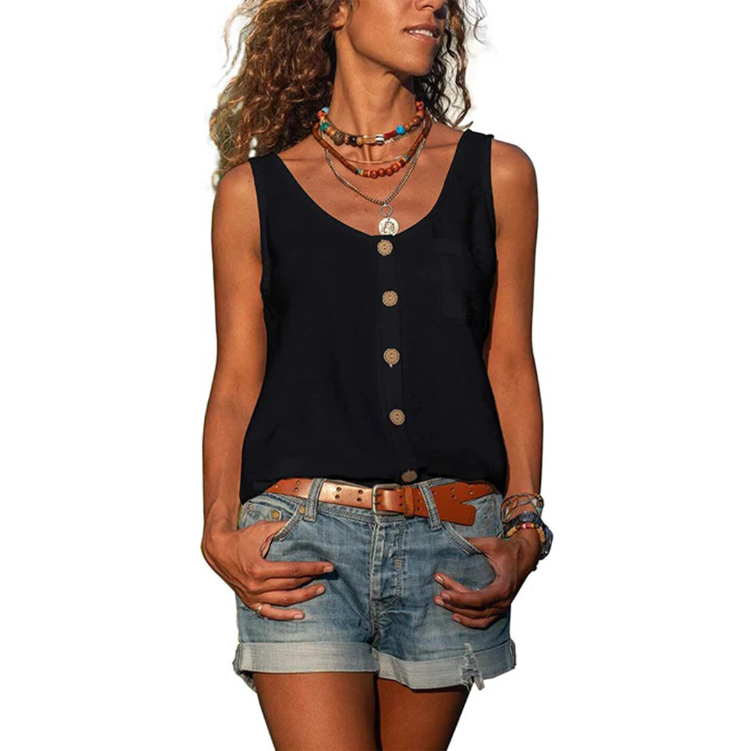 Fien | Sleeveless Button-Front Top with Scoop Neck and Relaxed Fit