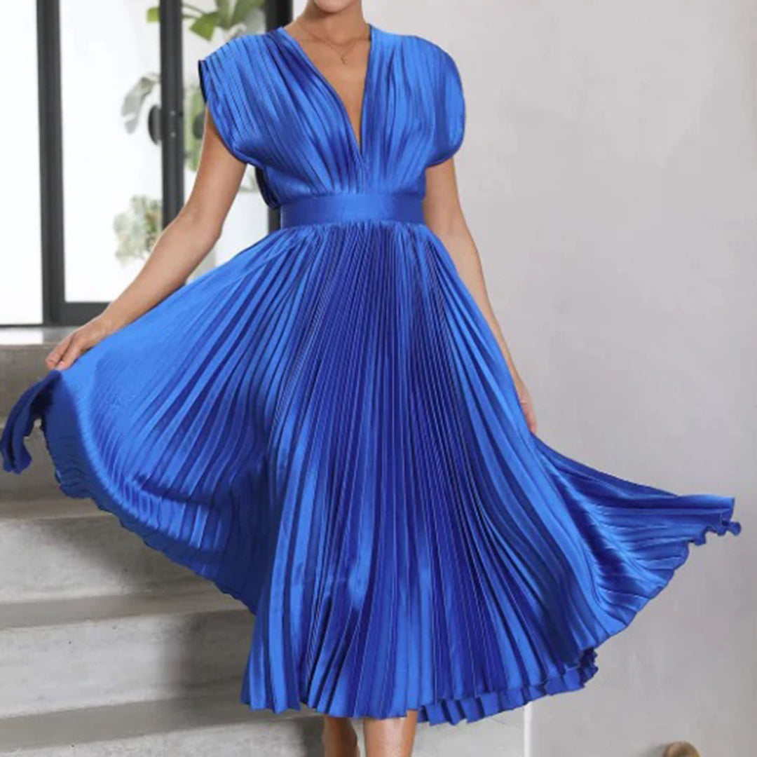 Alexis | Midi Wedding Guest Dress with V-Neck and Pleated Skirt