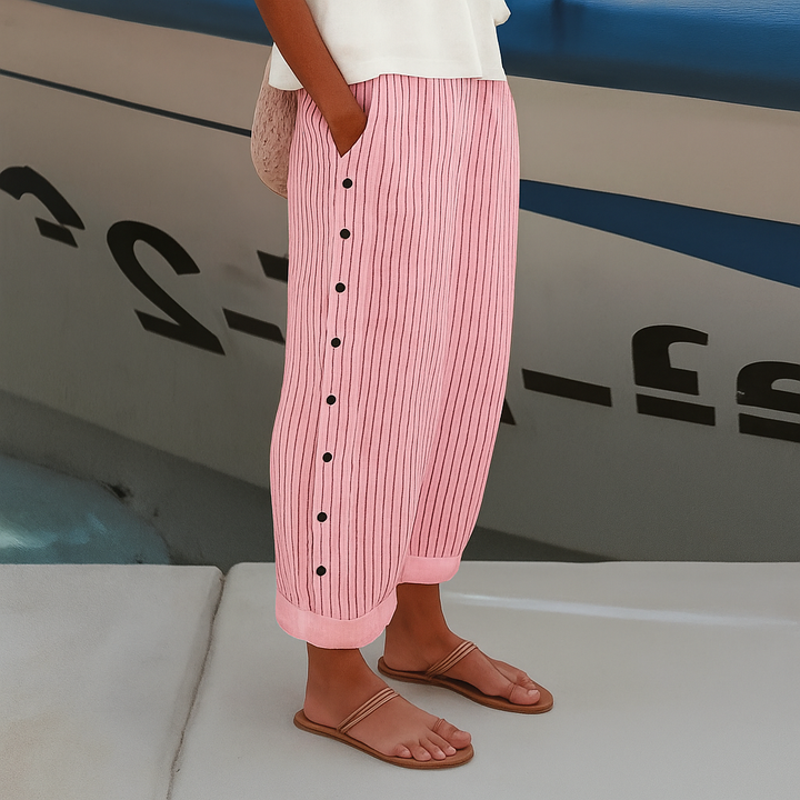 Lila | Wide Leg Trousers with Striped Print and Button Detail