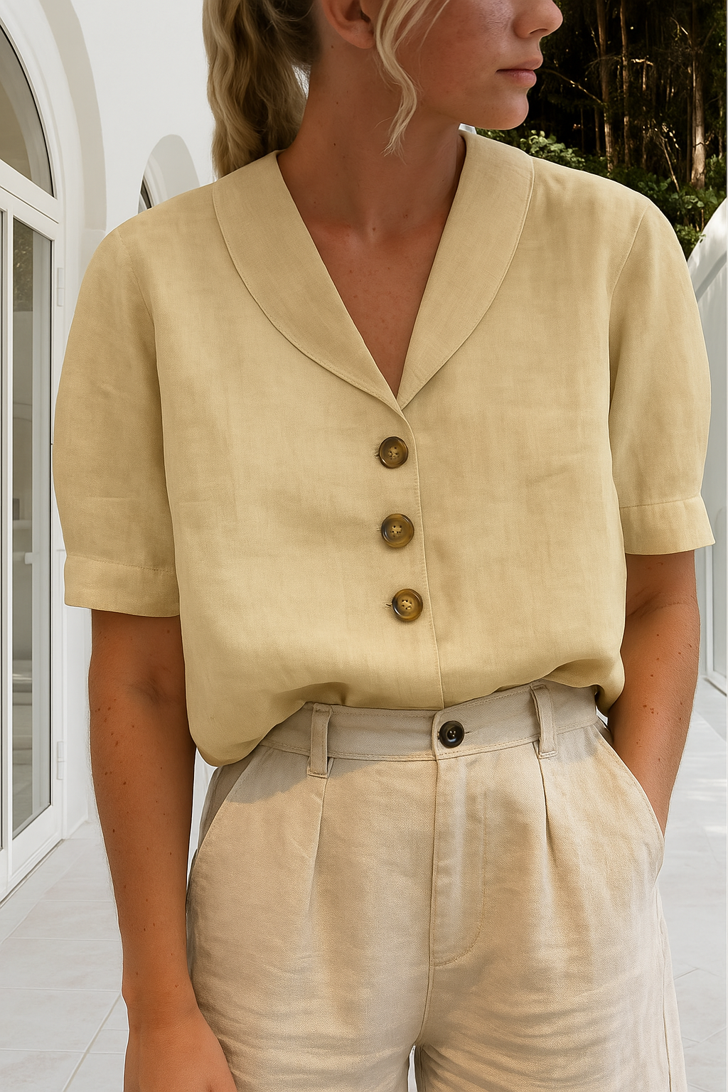 Winona | Short Sleeve Blouse with V Neckline and Button Front
