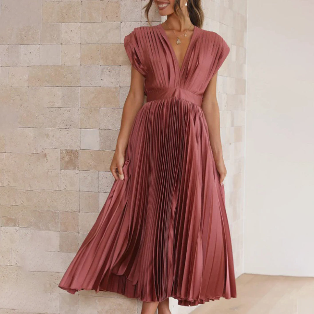 Alexis | Midi Wedding Guest Dress with V-Neck and Pleated Skirt