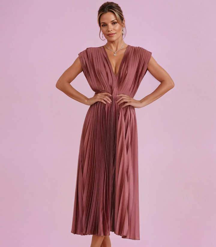 Alexis | Midi Wedding Guest Dress with V-Neck and Pleated Skirt