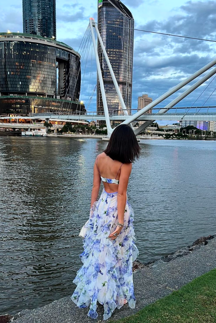 Taylor | Maxi Wedding Guest Dress with Floral Print and Cut-Out Bodice