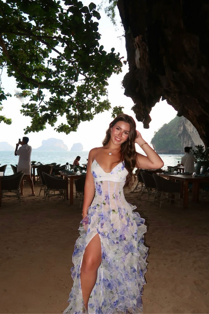 Taylor | Maxi Wedding Guest Dress with Floral Print and Cut-Out Bodice