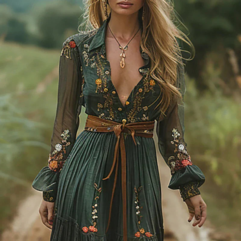 Olivia | Maxi Wedding Guest Dress with Embroidered Detail and V-Neck