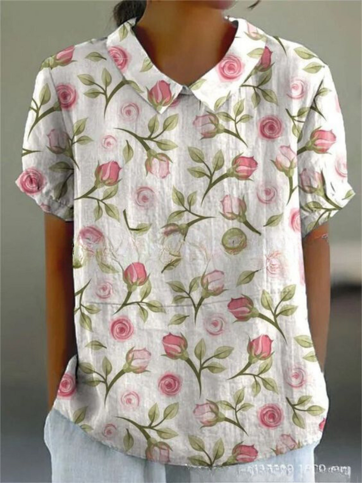 Meg | Floral Print Top with Polo Collar and Short Sleeves