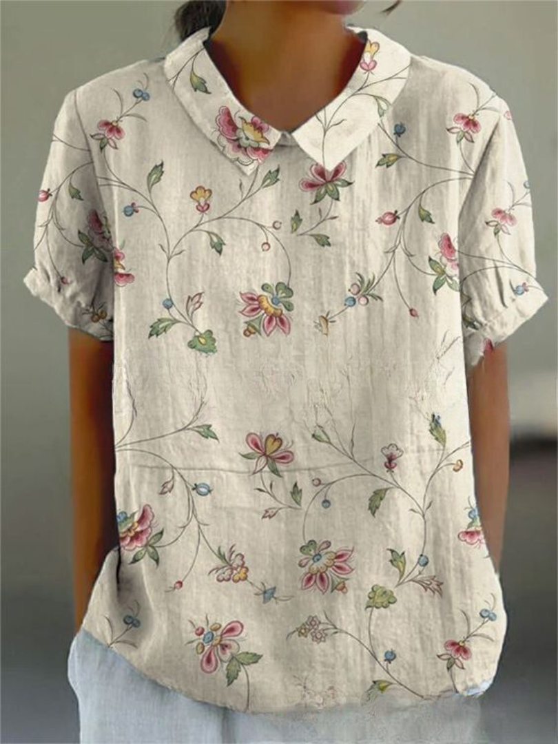 Meg | Floral Print Top with Polo Collar and Short Sleeves