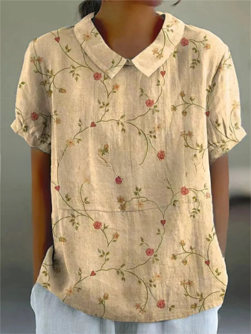 Meg | Floral Print Top with Polo Collar and Short Sleeves