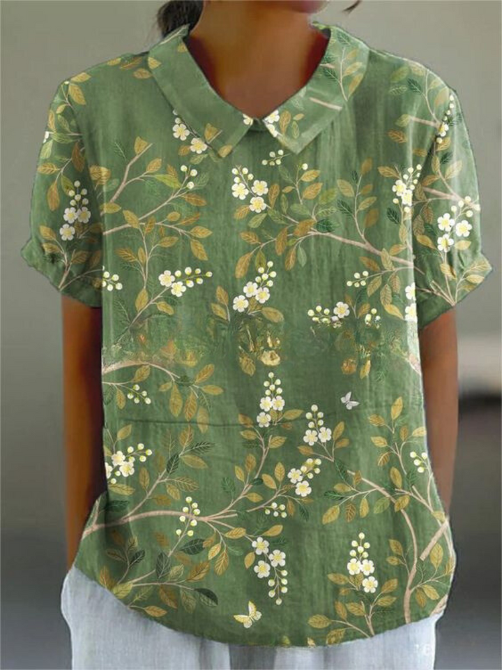 Meg | Floral Print Top with Polo Collar and Short Sleeves