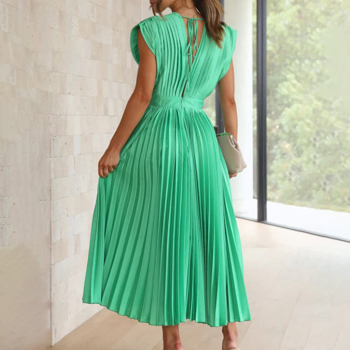 Alexis | Midi Wedding Guest Dress with V-Neck and Pleated Skirt
