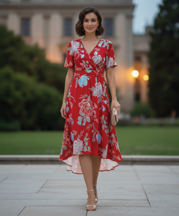 Kathy | Midi Summer Dress with Floral Print and V-Neck Wrap