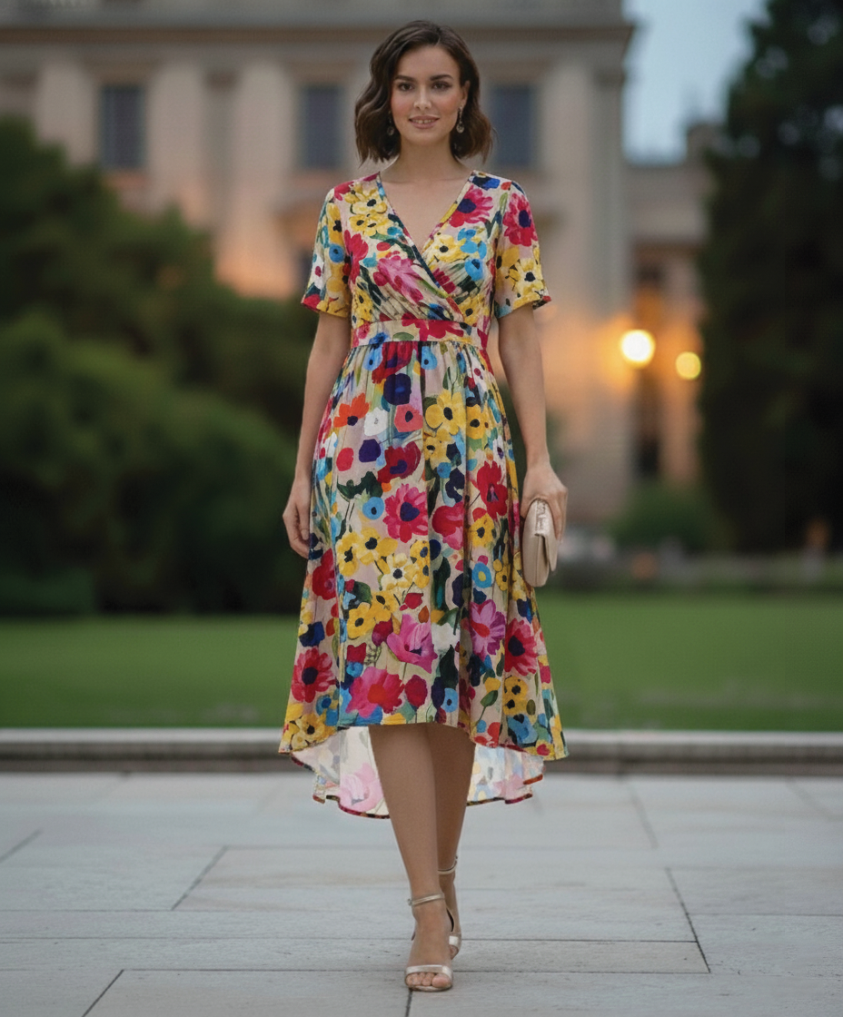 Kathy | Midi Summer Dress with Floral Print and V-Neck Wrap