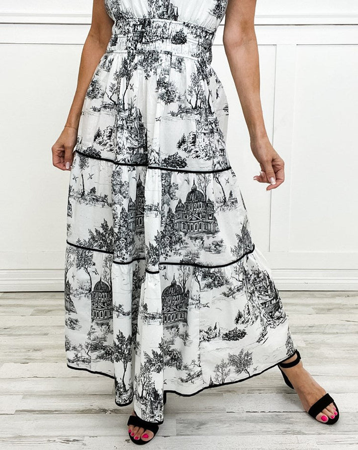 Nova | Midi Shirt Dress with Toile Print and Tiered Skirt