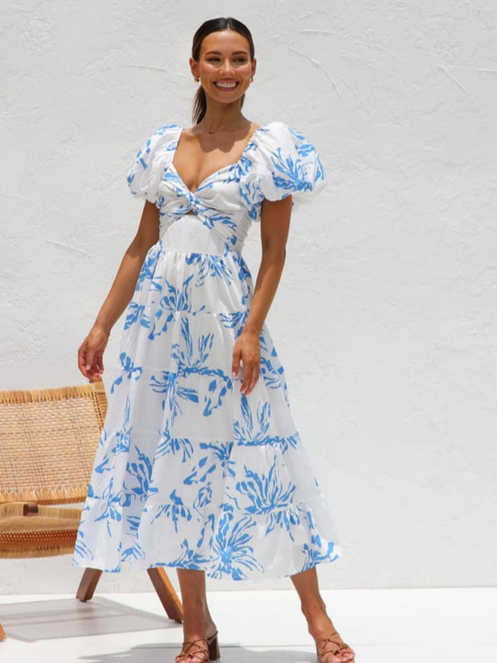 Mabel | Midi Summer Dress with Floral Print and Puff Sleeves