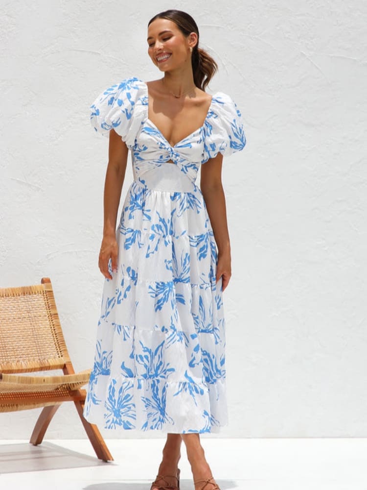 Mabel | Midi Summer Dress with Floral Print and Puff Sleeves