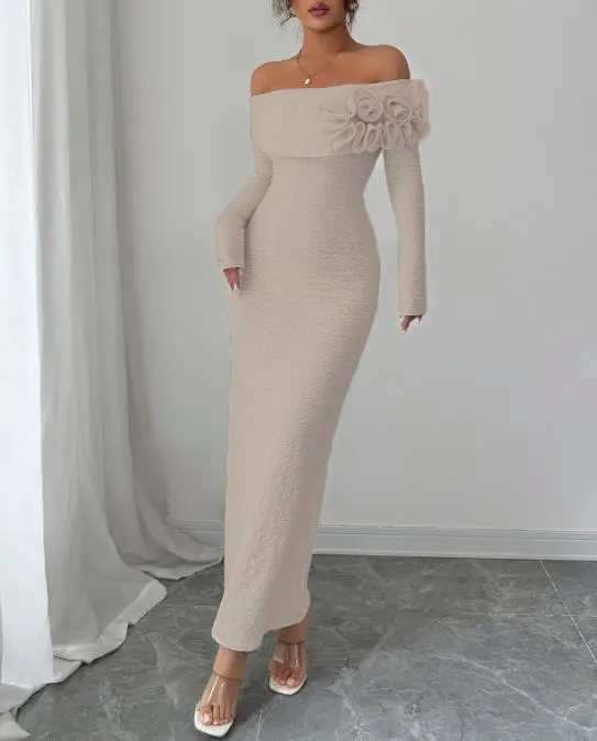 Linda | Maxi Wedding Guest Dress with Off Shoulder and Floral Trim