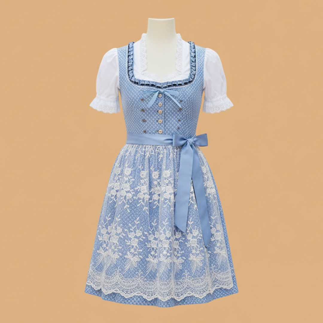 Michele | Mini Cocktail Dress with Embroidered Apron and Puff Sleeves