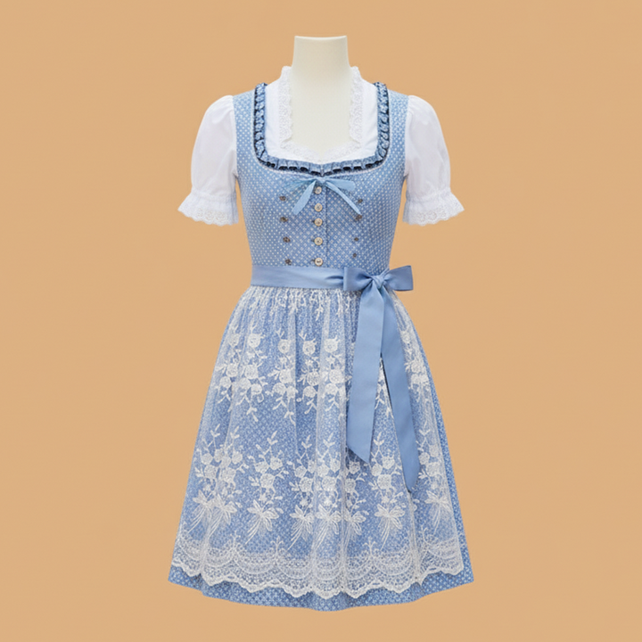 Michele | Mini Cocktail Dress with Embroidered Apron and Puff Sleeves