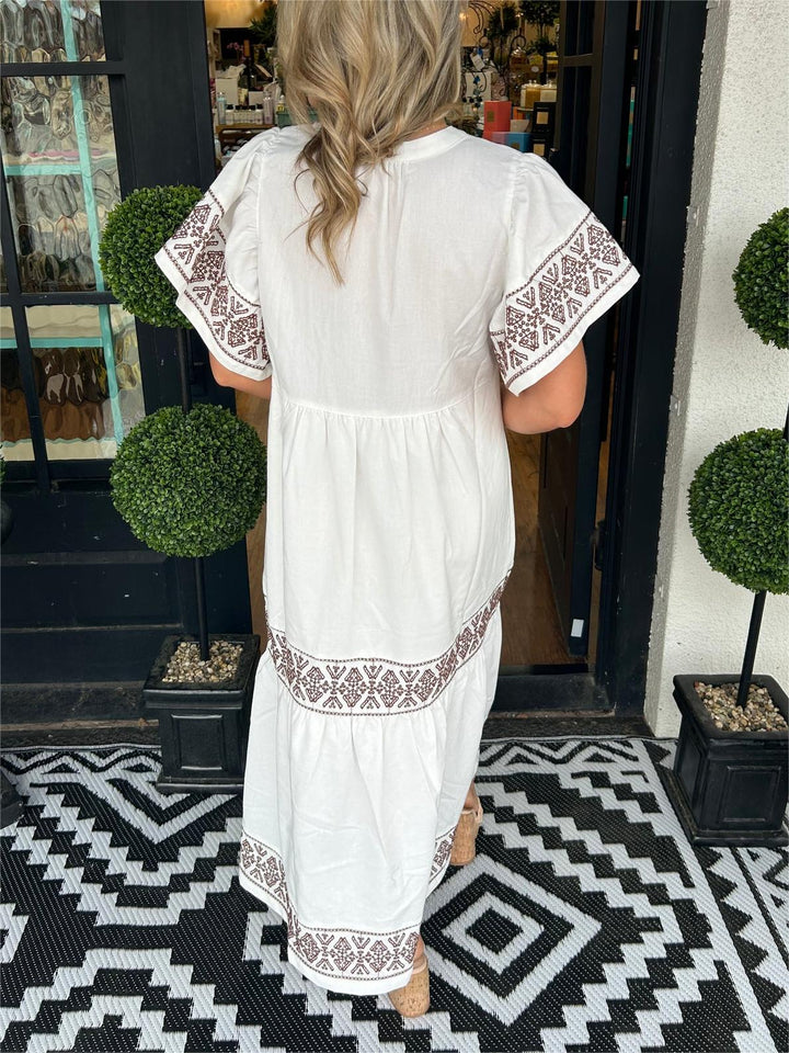 Kylie | Midi Summer Dress with Embroidered Detail and V-Neck