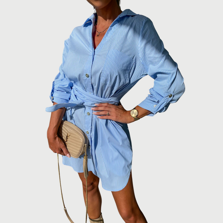 Ivy | Mini Shirt Dress with Tie Waist and Long Sleeves
