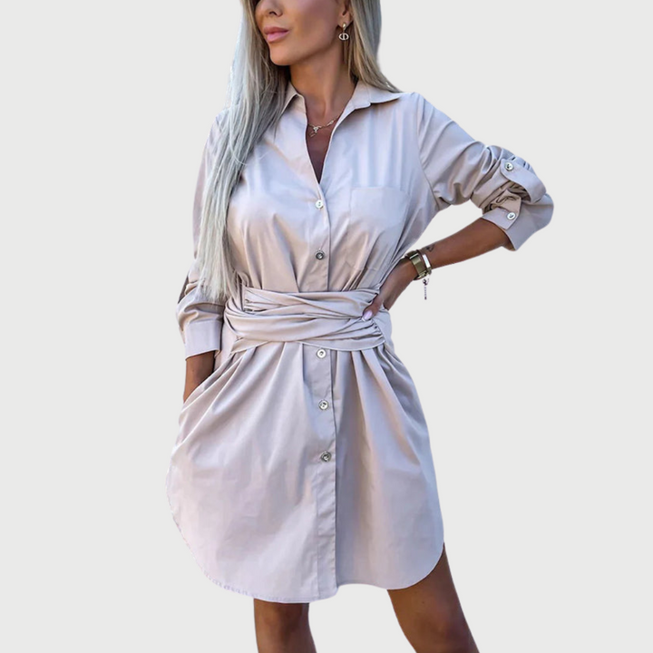 Ivy | Mini Shirt Dress with Tie Waist and Long Sleeves