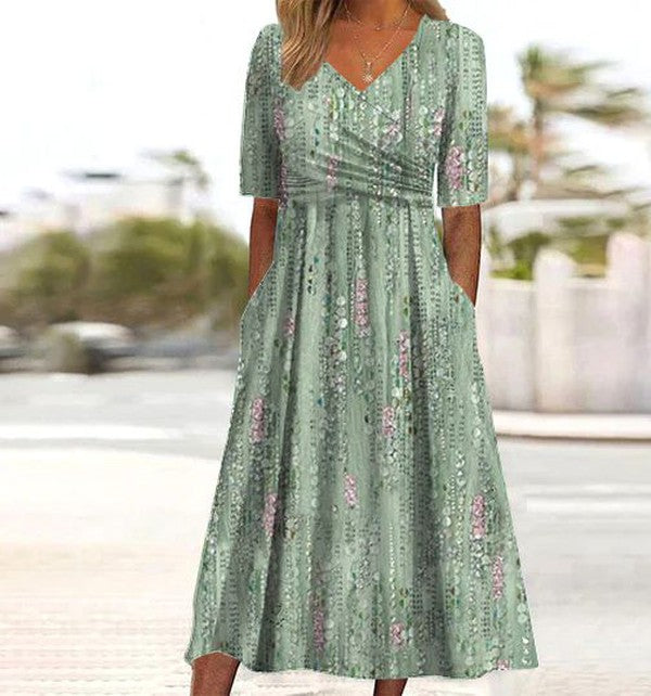 Emily | Midi Summer Dress with Floral Print and V-Neck