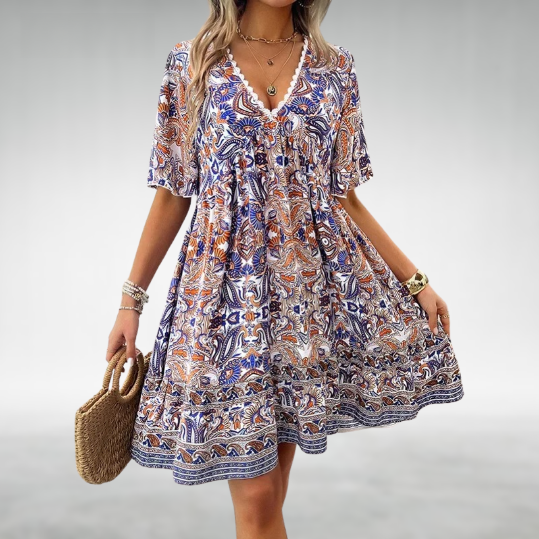 Lila | Mini Summer Dress with Paisley Print and V-Neck