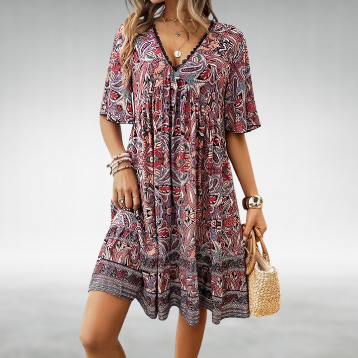 Lila | Mini Summer Dress with Paisley Print and V-Neck