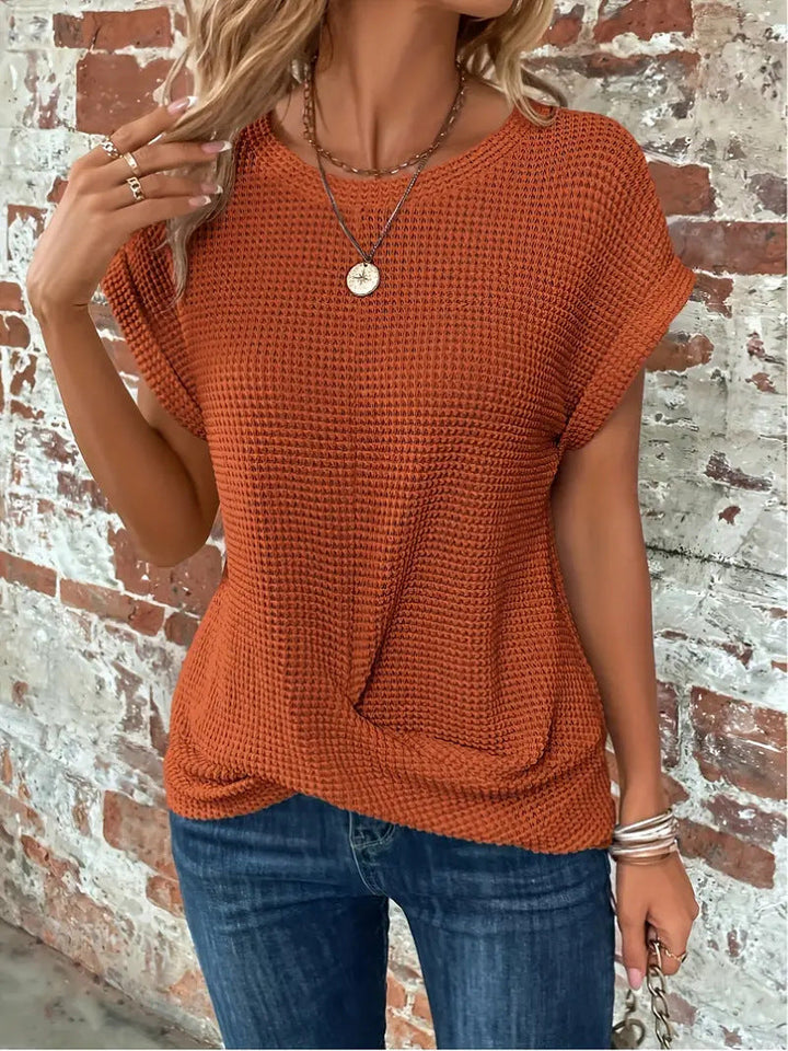 Tara | Waffle Textured Top with Round Neck and Twisted Hem