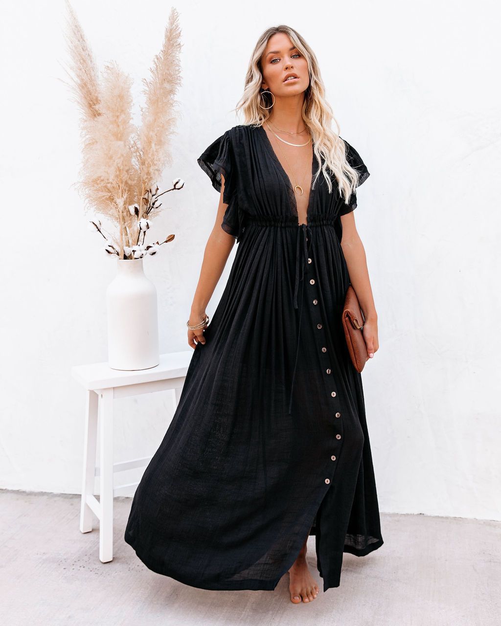 Maeve | Boho Maxi Dress Draped Button Front