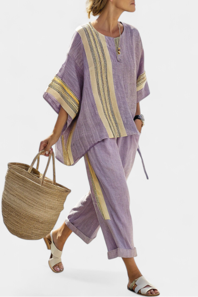 Leona | Matching Set with Stripe Trim and Wide Leg Trousers
