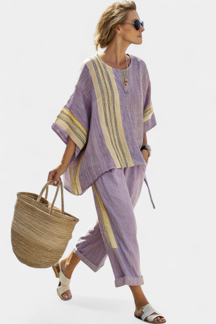 Leona | Matching Set with Stripe Trim and Wide Leg Trousers