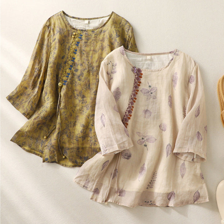Hattie | Floral Print Blouse with Round Neckline and Three Quarter Sleeves