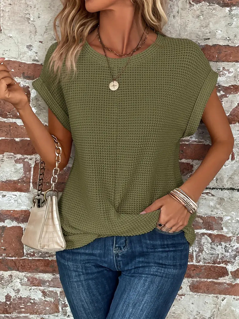 Tara | Waffle Textured Top with Round Neck and Twisted Hem