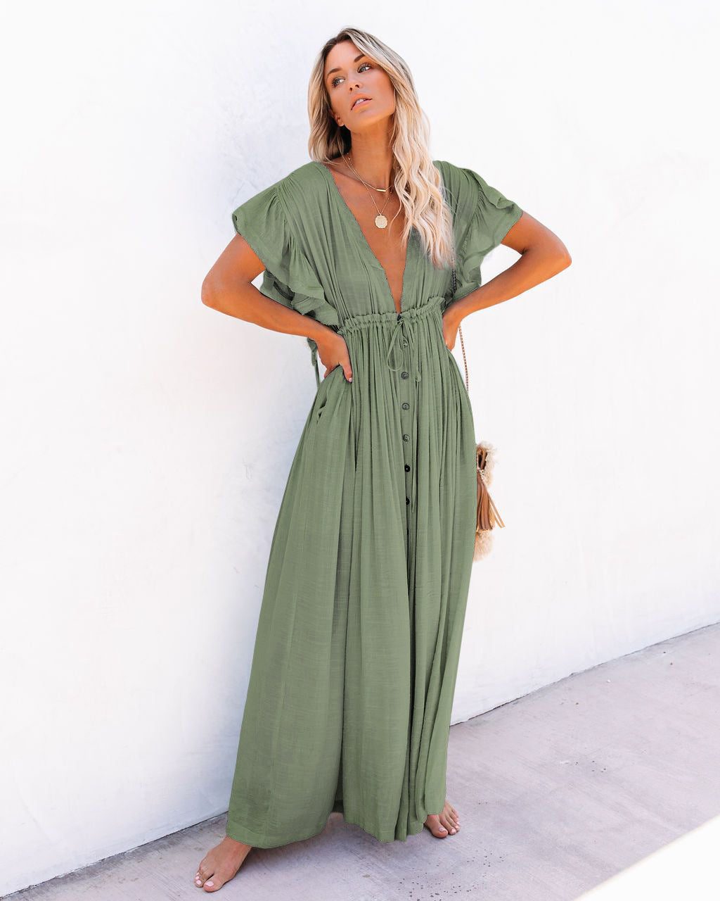 Maria | Maxi Summer Dress with V-Neck and Button Front