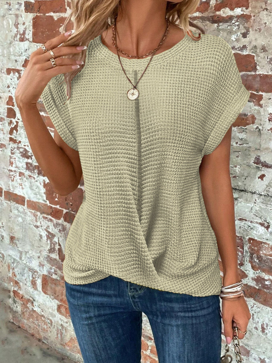 Tara | Waffle Textured Top with Round Neck and Twisted Hem