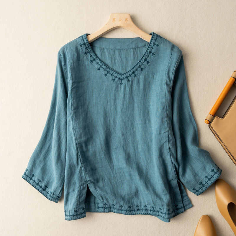 Nell | V Neck Blouse with Embroidered Trim and Three Quarter Sleeves