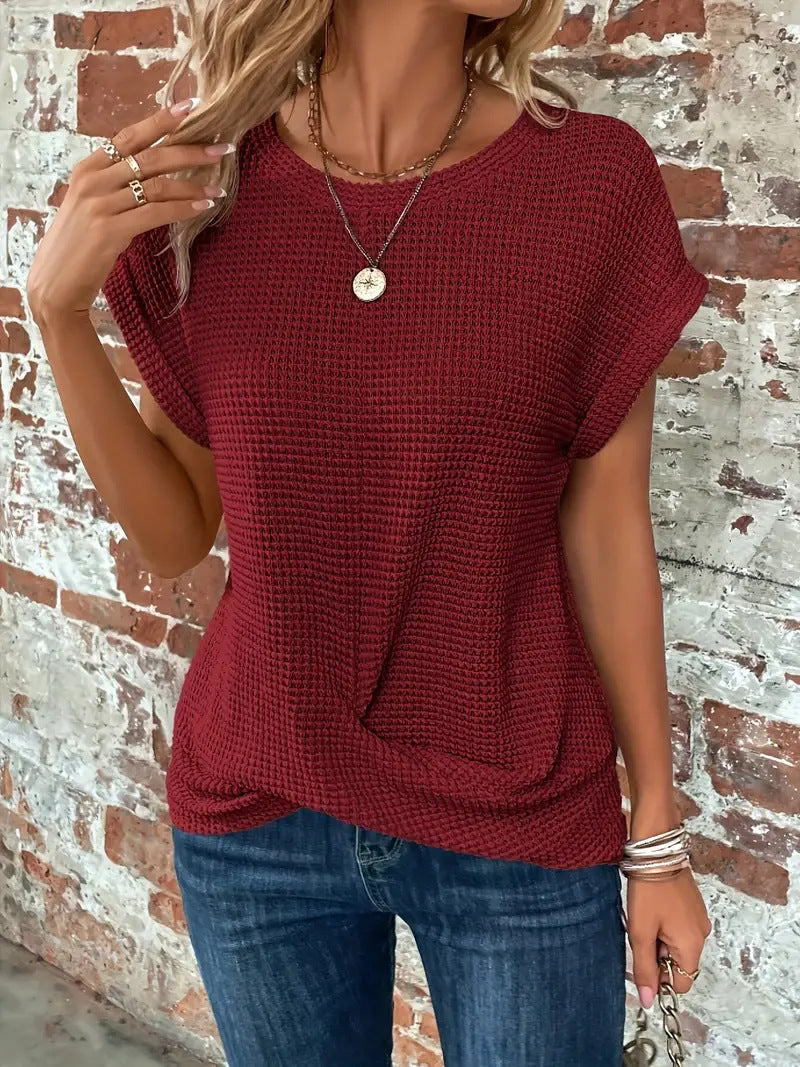 Tara | Waffle Textured Top with Round Neck and Twisted Hem