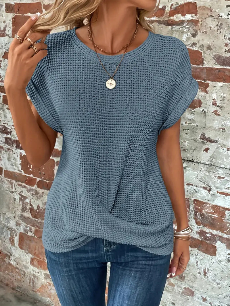 Tara | Waffle Textured Top with Round Neck and Twisted Hem