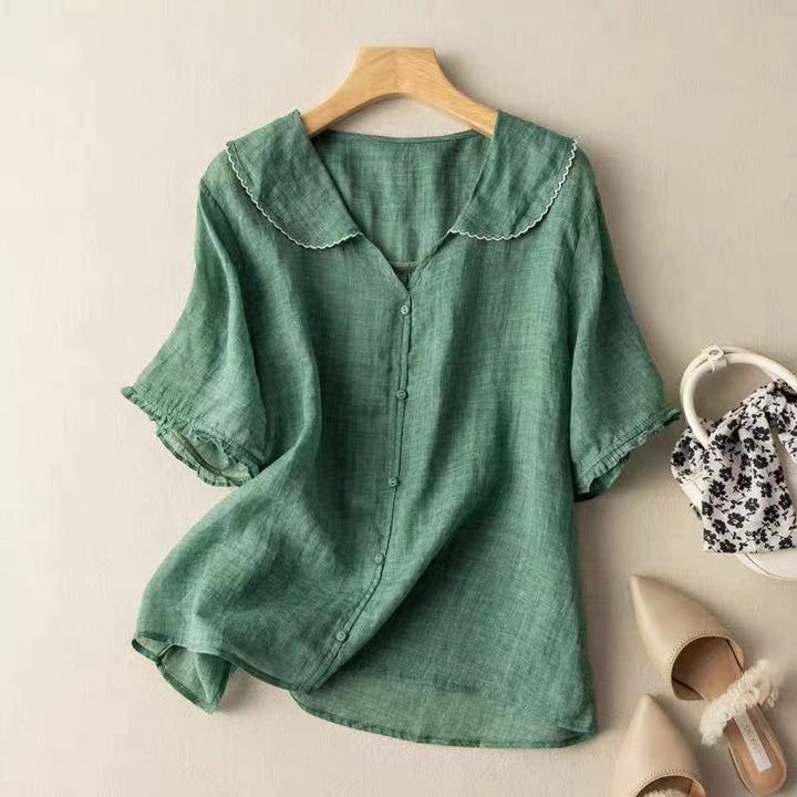 Pippa | Short Sleeve Blouse with Peter Pan Collar and Button Front