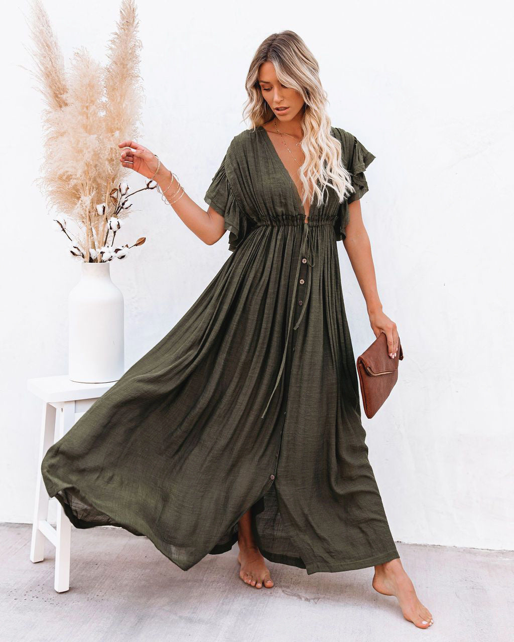 Maria | Maxi Summer Dress with V-Neck and Button Front