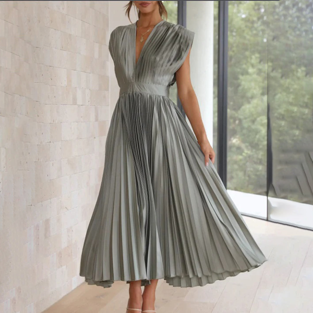 Alexis | Midi Wedding Guest Dress with V-Neck and Pleated Skirt