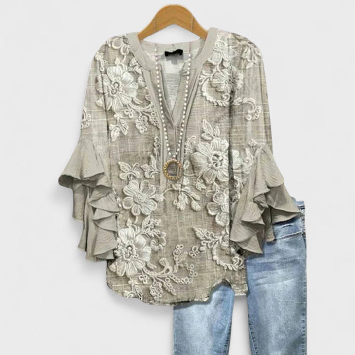Ines | Baroque Print Blouse with Ruffle Sleeves and V-Neck