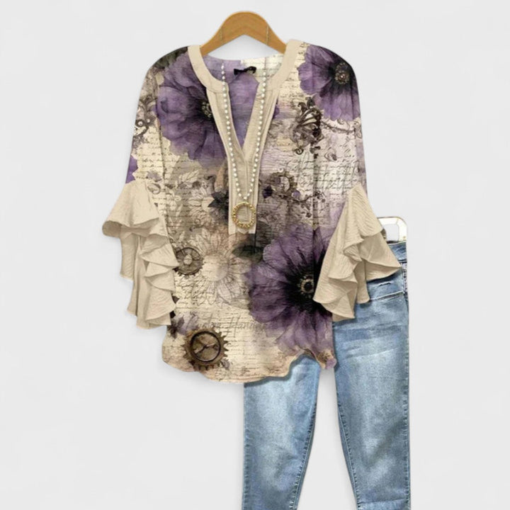 Ines | Baroque Print Blouse with Ruffle Sleeves and V-Neck