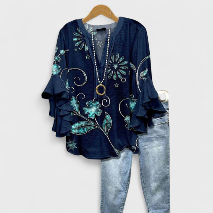 Ines | Baroque Print Blouse with Ruffle Sleeves and V-Neck
