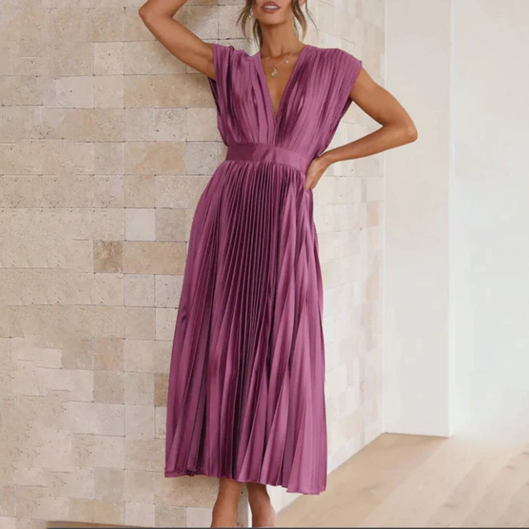 Alexis | Midi Wedding Guest Dress with V-Neck and Pleated Skirt