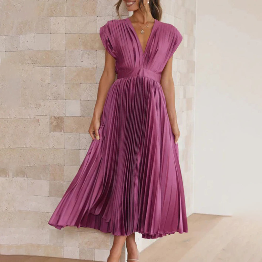 Alexis | Midi Wedding Guest Dress with V-Neck and Pleated Skirt
