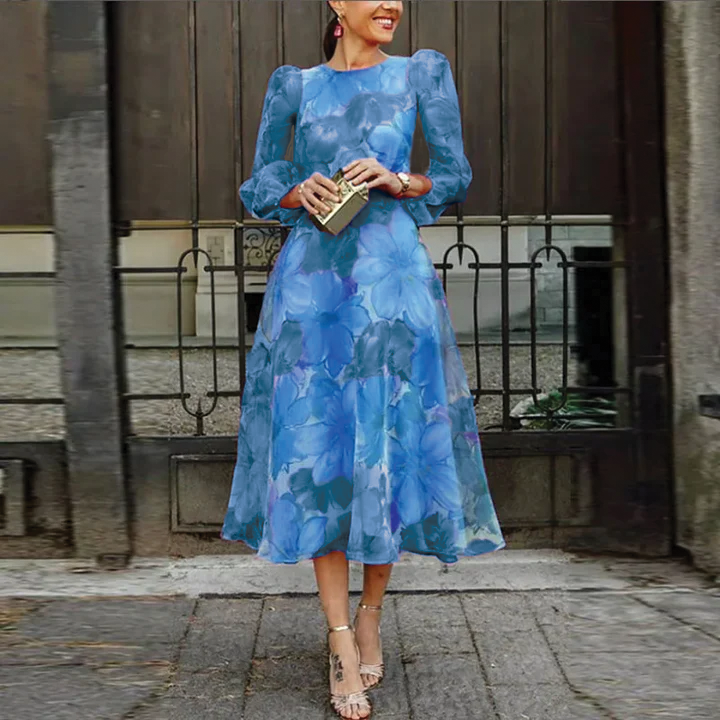 Raelynn | Midi Wedding Guest Dress with Floral Print and Puff Sleeves